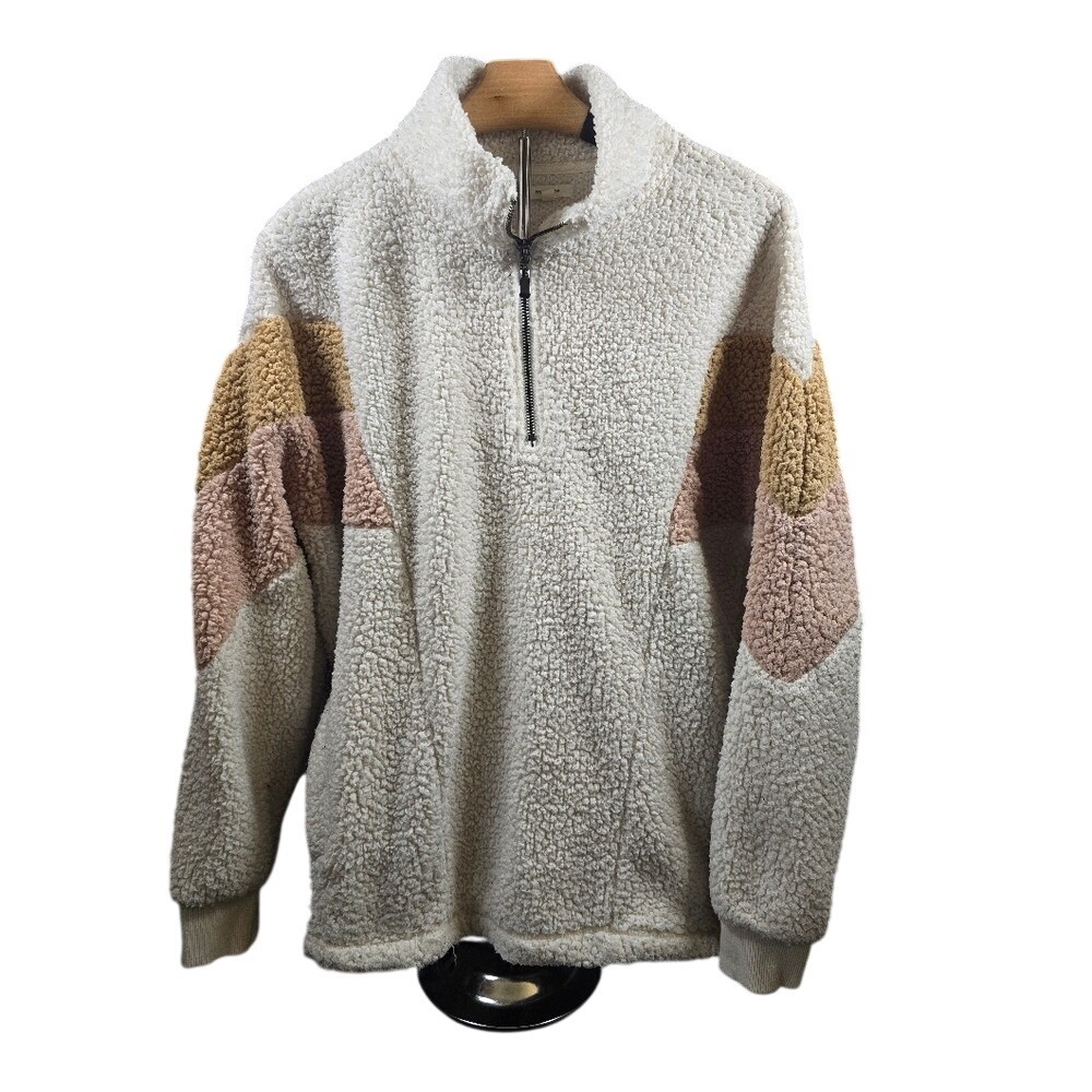 Maurices Womens Sherpa Fleece Quarter Zip Pullover‎ Chevron Colorblock Cream L
